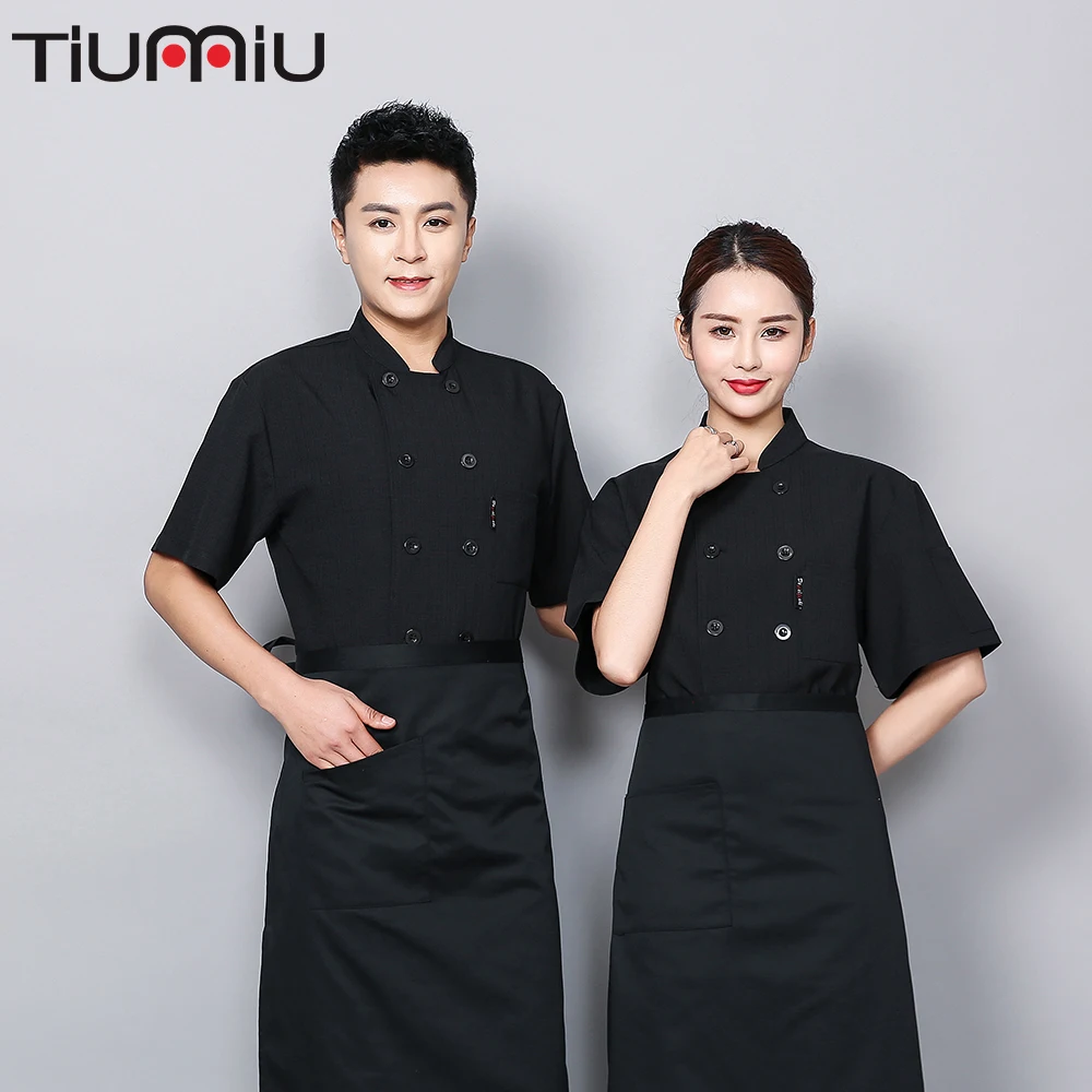 

Summer Chef Uniform Double-breasted Cotton and Linen Men and Women Cafe Simple Design Logo Custom Waiter Waitress Overalls