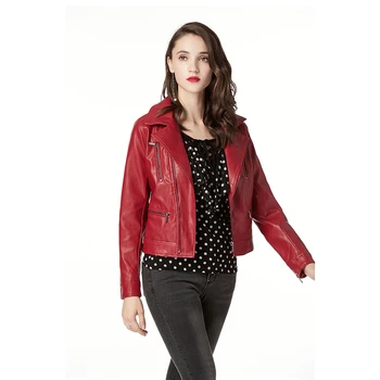 

Faux leather coat spring and autumn Europe and the United States short PU leather jacket red slim lapel faux leather coat JD377