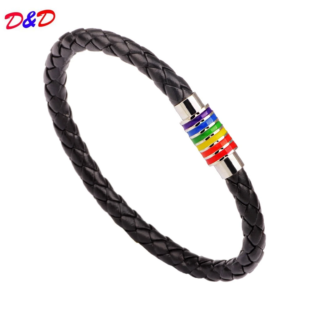 

D&D New Black Brown Genuine Braided Leather Bracelet Women Men Gay Pride Rainbow Magnetic Bracelet Gift