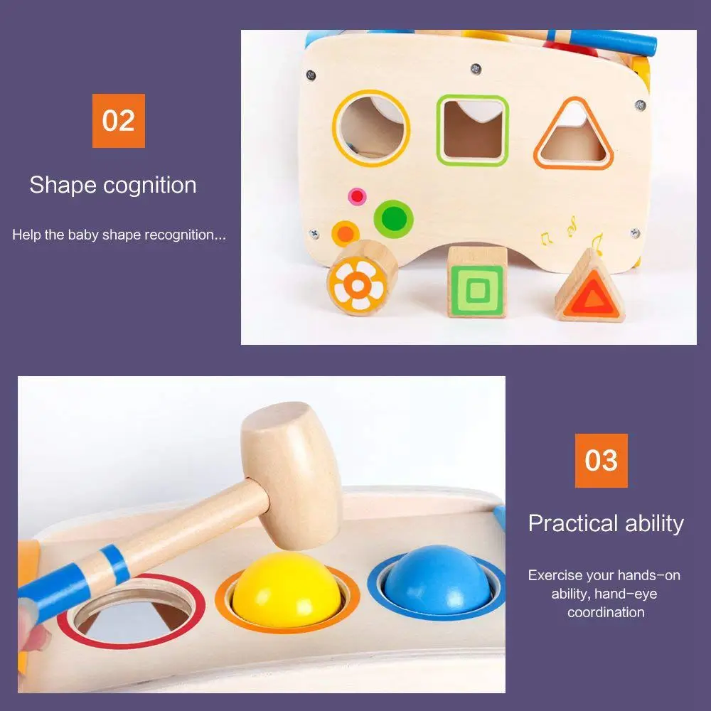 

3 in 1 Wooden Educational Set Pounding Bench Toys with Slide out Xylophone and Shape Matching Blocks for Kids Baby Toddlers 1