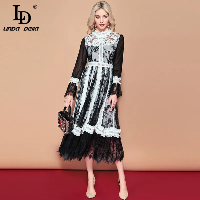 LD LINDA делла Модное Длинное Платье женское с длинным рукавом Кружевное Сетчатое цветочное вышитое лоскутное винтажное платье элегантное вечернее платье
