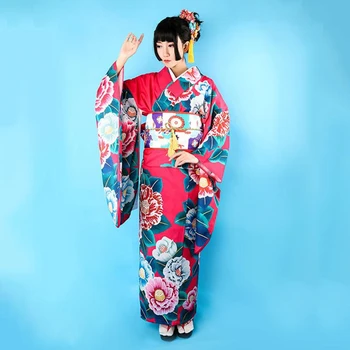

Traditional Women Yukata Bathrobe Elegant Cosplay Costumes Japanese Style Female Kimono With Obi Vintage Printed Flower Dress