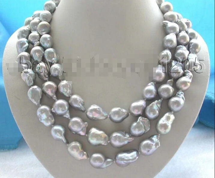 

3rows genuine Natural 20mm Gray Reborn Keshi Pearl Necklace 925sc mabe pearl (A0423) -Bride jewelry free shipping