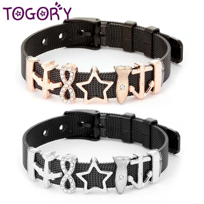 

TOGORY Black Stainless Steel Mesh Bracelets Bangle Set Crystal Star Aircraft Mesh Keeper Fine Bracelets for Women Jewelry Gif