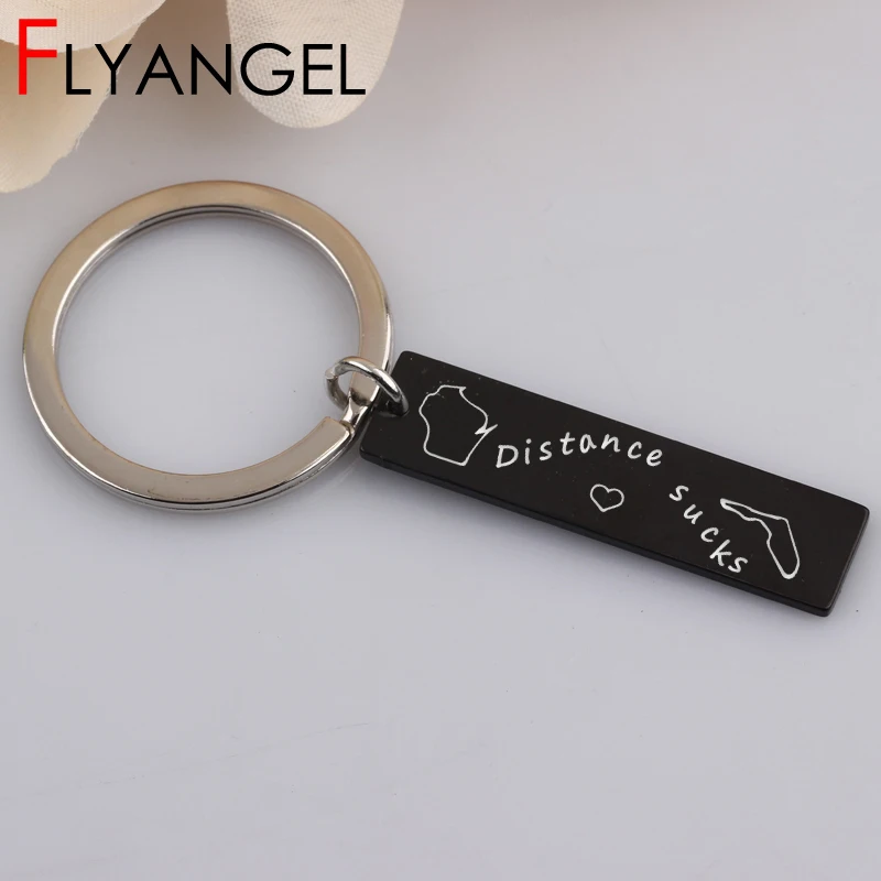

Engraved Distance Sucks Black Key Chain Pendant Engraved Map Distance Love Keyring High Quality Bag Charm Distance Lover Gifts