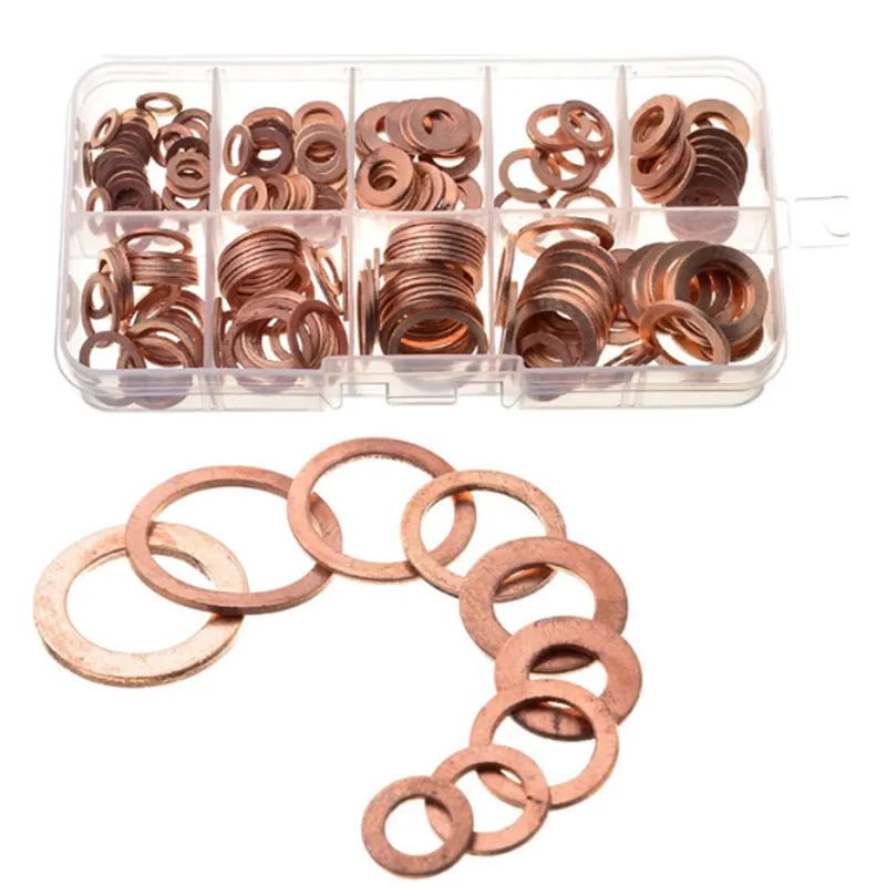 

MR CARTOOL 200pcs Solid Copper Washer M5-M14 Flat Ring Sump Plug Oil Seal Assorted Set Box Washers Car Accessories Kit