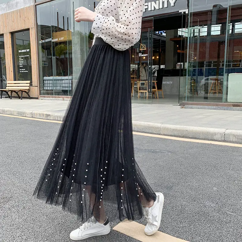 

Fashion New Women Summer Tulle Long Skirt High Waist Black Chiffon Skirt Loose Casual Beading Mesh Pleated Skirts Womens