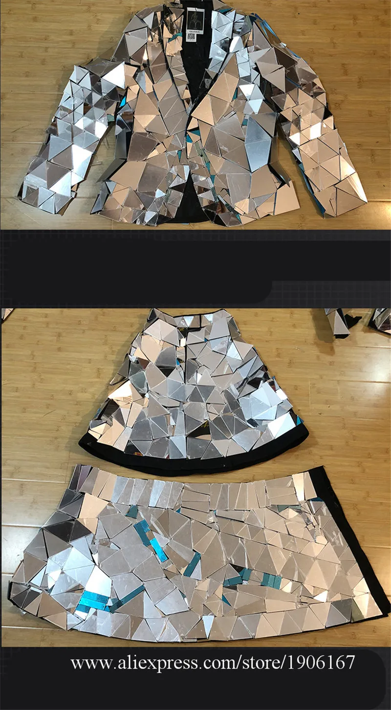 Hand sewing COS nightclub ds performance art set silver mirror face clothes irregular lens stitching dress7