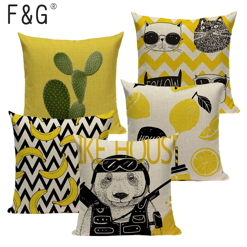 

Cushion Cover banana cactus cat and Abstract Art Color rendering yellow Bear Decorative Case Home Pillows Cover for Sofa Decor