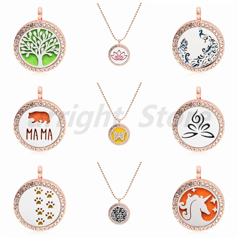 

Paws Tree of life New Rhinestone rose gold 25mm diffuser necklace Perfume essential oil locket pendant necklace 1 pad randomly