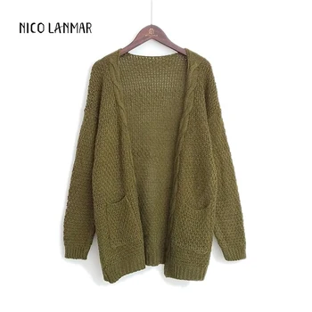 

Cardigan Sweater Women European American Long Loose Large Size Long Sleeve Thick Line Twist Sweater V-neck Cardigan pull femme