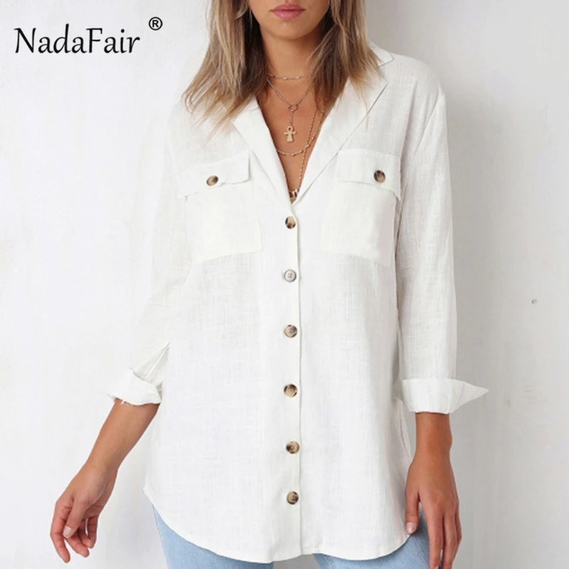 Meilleur Nadafair Coton À Manches Longues Blouse Baggy Poche Automne Hiver Chemises Femmes Streatwear Blanc Noir Lâche Col V Chemise Femelle 2018