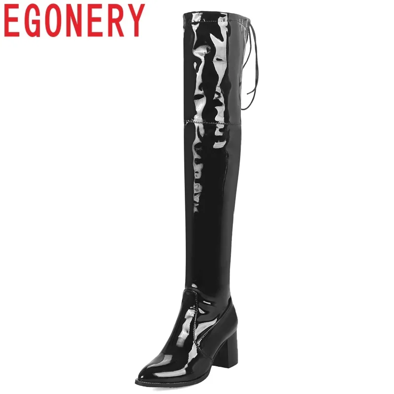 

EGONERY women shoes 2018 winter new fashion patent leather boots women high square heel zip pointed toe black over knee boots