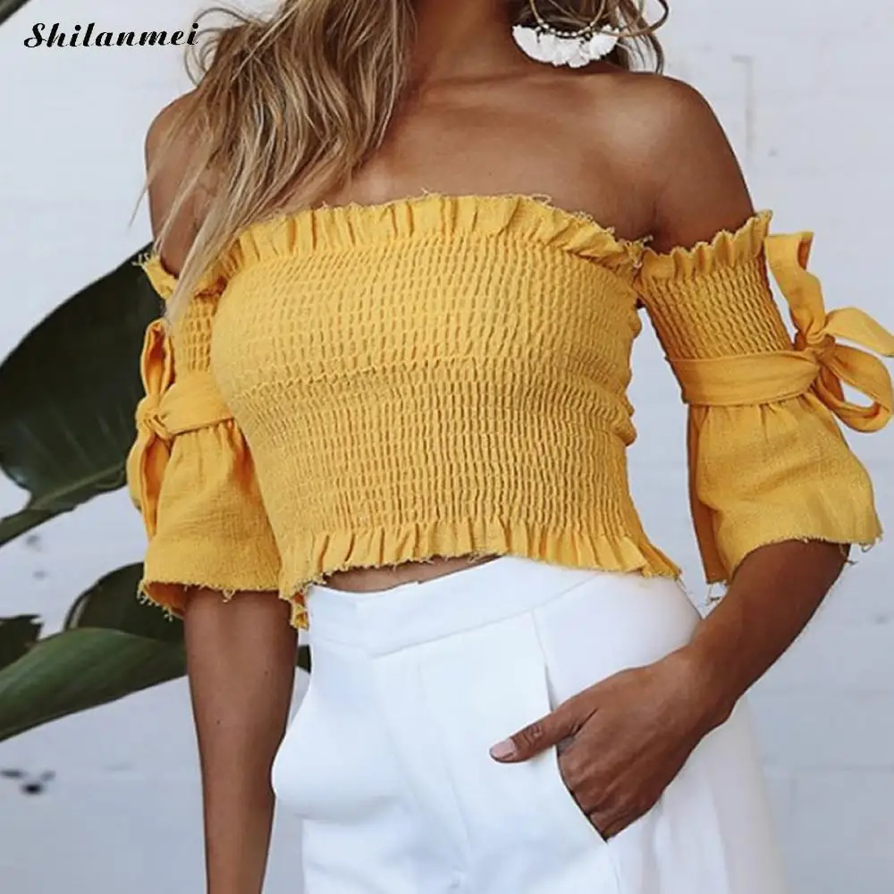 

2018 Ruffle Sexy Strapless Off Shoulder Tee Tops Summer Short Sleeve Beach T Shirts Women Yellow Red Club Crop Tops Streetwear