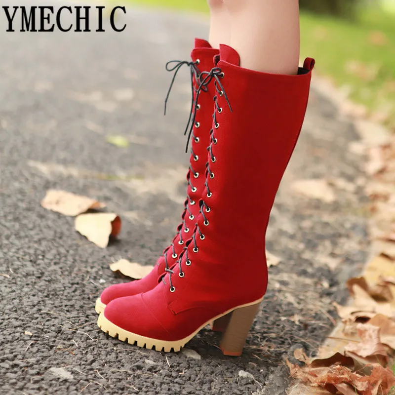 

YMECHIC Womens High Heels Cross Tied Lace Up Mid Calf Knight Boots Red Black Flock Women Autumn Winter Shoes 2018 Botas