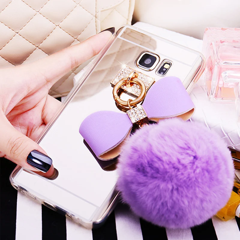 Glitter Phone Cases for Samsung galaxy A3 A5 A7 J3 J5 J7 2017 Prime S7 Edge S9 S8 Plus Note 9 8 Rabbit Fur Mirror Case Covers |
