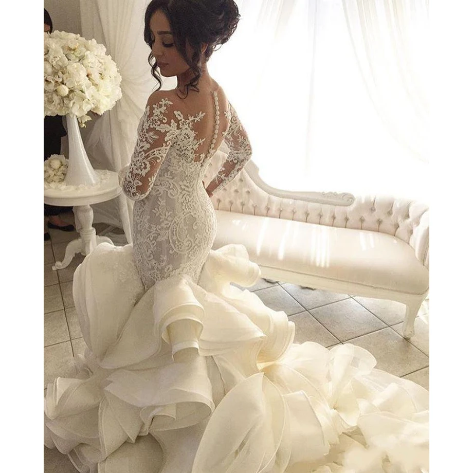 Vestido De Novia Corte Sirena De La Mejor Calidad Elegante Vestido De Novia Corte Sirena Vestido De Novia Elegante Con Volantes Vestido De Catedral De Manga Larga Transparente Vestidos De Boda Personalizados Vestidos