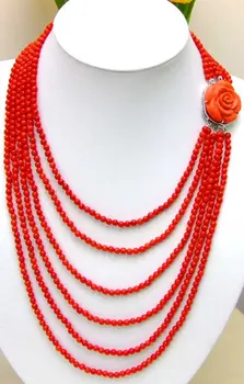 

wholesale Real 4-5MM round red coral 6 Strands NATURAL Red Coral NECKLACE WITH Big Bridal Jewelry Crystal Women