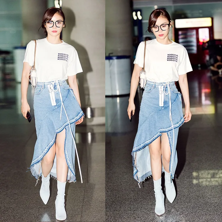 Yuan The Same Lotus Leaf Side of The Long Fishtail Skirt Cowboy Skirt 2019 Knee-Length Pockets Asymmetrical Skirts Women Yuan The Same Lotus Leaf Side of The Long Fishtail Skirt Cowboy Skirt 2019 Knee-Length Pockets Asymmetrical Skirts Women