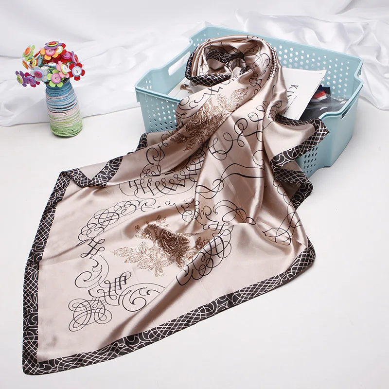 

Fashion Kerchief Hair Scarf For Women Print Silk Satin Hijab Scarfs 90*90cm Square Shawls Wraps Headband Scarves For Ladies 2019