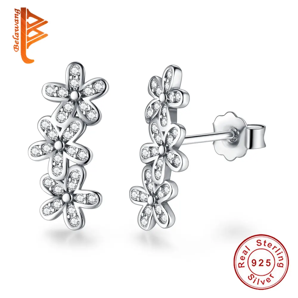 Belawang стерлингового серебра 925 Ослепительная цветок ромашки Серьги-гвоздики Ясно CZ серьга для Для женщин свадебные Обручение ювелирные изделия