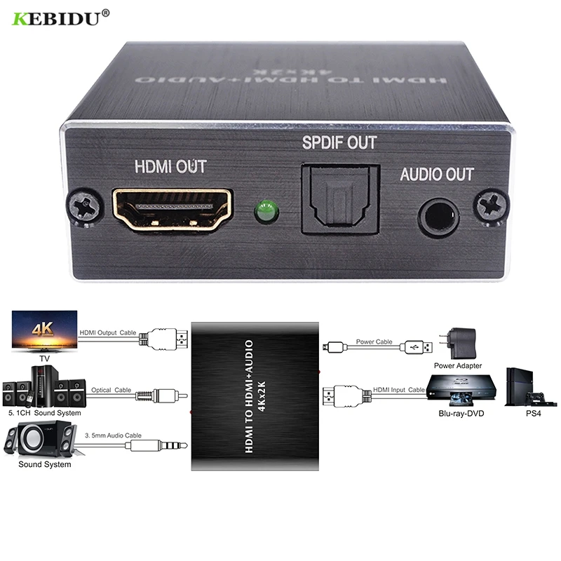 

Kebidu HDMI to HDMI Audio Extractor Optical TOSLINK SPDIF + 3.5mm Stereo Audio Converter HDMI Audio Splitter 4K x 2K