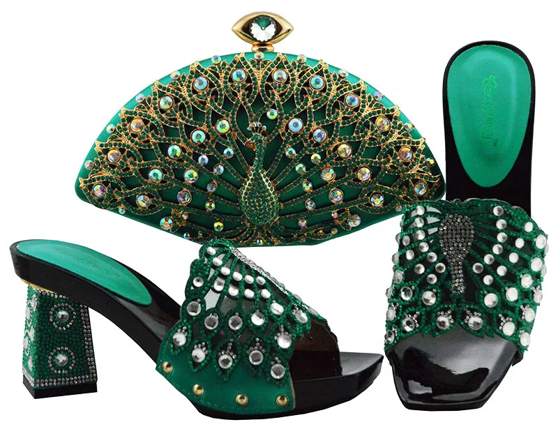 

Newest Teal Color Italian Shoes with Matching Bags Set Decorated with Rhinestone Nigerian Beautiful Wedding Shoes and Bag Sets