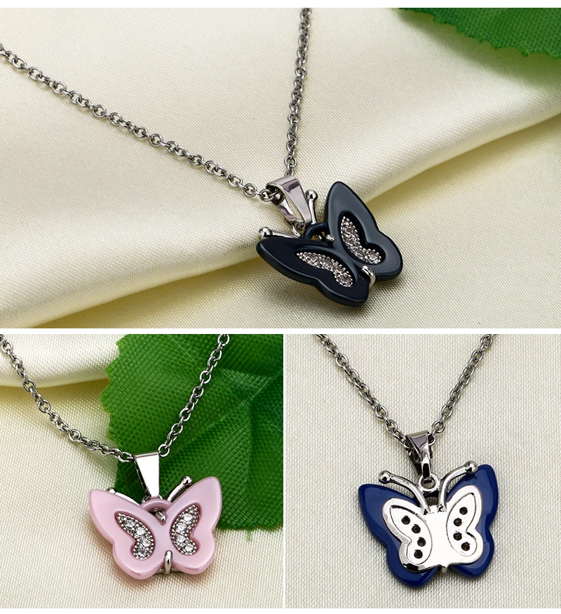 Здоровое ожерелье с подвеской в виде бабочки, модное серебряное, розовое, голубое, черное ожерелье с бабочкой из кристаллов для женщин