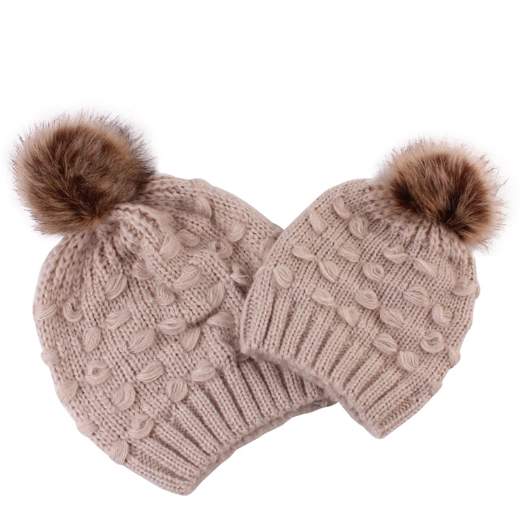 Autumn Winter Family Hat Mother and Kid Child Baby Warm Hat Knitted Crochet Baby and Mom Family Match Hat Caps Faux Fur Pompoms