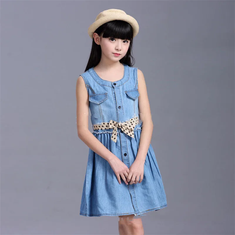 Детские джинсовые платья для девочек летнее Синее джинсовое платье без рукавов для девочек, платья для девочек, повседневные хлопковые От 3 до 14 лет для девочек, R96