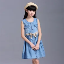 Детские джинсовые платья для девочек летнее Синее джинсовое платье без рукавов для девочек, платья для девочек, повседневные хлопковые От 3 до 14 лет для девочек, R96