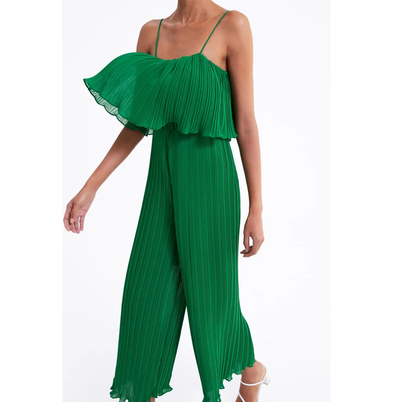 

Summer Fashion New Women Chiffon Jumpsuits Spaghetti Strap Backless Pleated Overall Holiday Beachwear Female Vacation Clothing