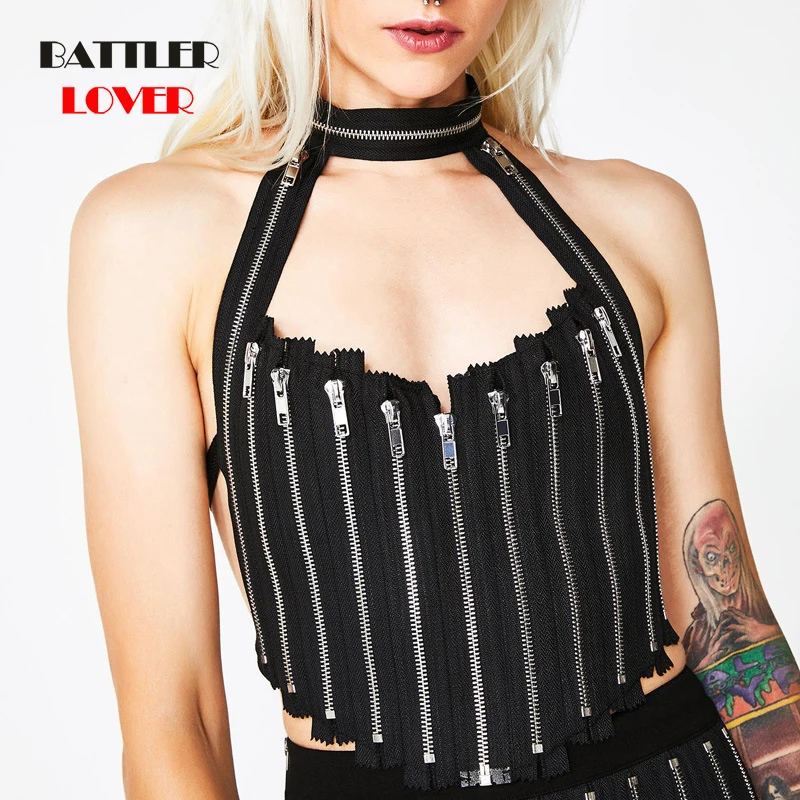 Zipper Design Cotton Halloween punk choker halter women camis backless buckle crop top clothes camisole sexy tops cropped gothic