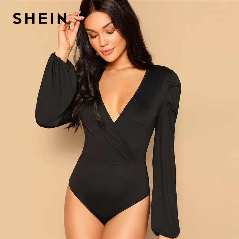 SHEIN Women Black Deep V Neck Slim Fitted Solid Bodysuit Modern Lady Spring Out Going Sexy Lantern Long Sleeve Bodysuits SHEIN Women Black Deep V Neck Slim Fitted Solid Bodysuit Modern Lady Spring Out Going Sexy Lantern Long Sleeve Bodysuits