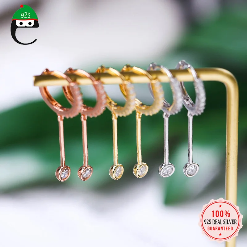 

ElfoPlataSi 100% 925 Solid Real Sterling Silver Hoop Stick CZ Charm Stud Earrings For Women Sterling-silver-jewelry Gift ED286