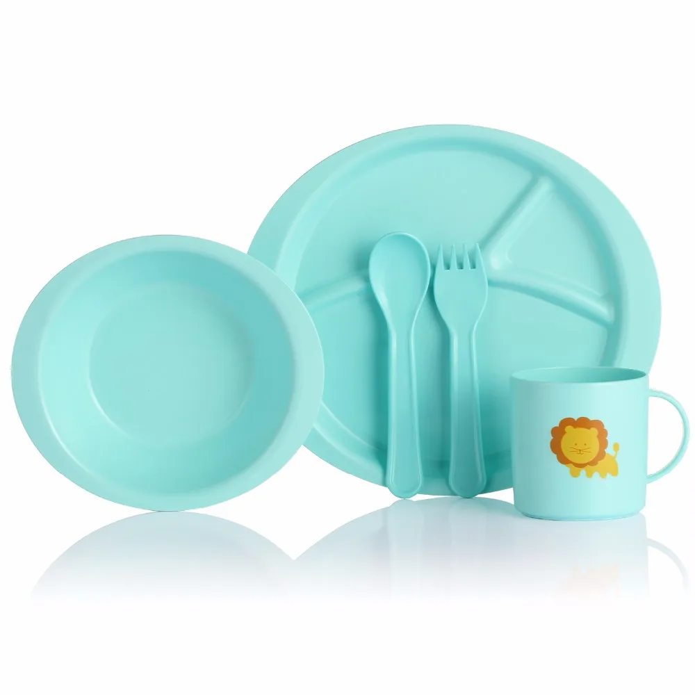

Lekoch 5pcs/set Children Tableware Set Animal patterns baby Plate Bow cup Forks Dinnerware feeding Set 100% PLA Baby Set