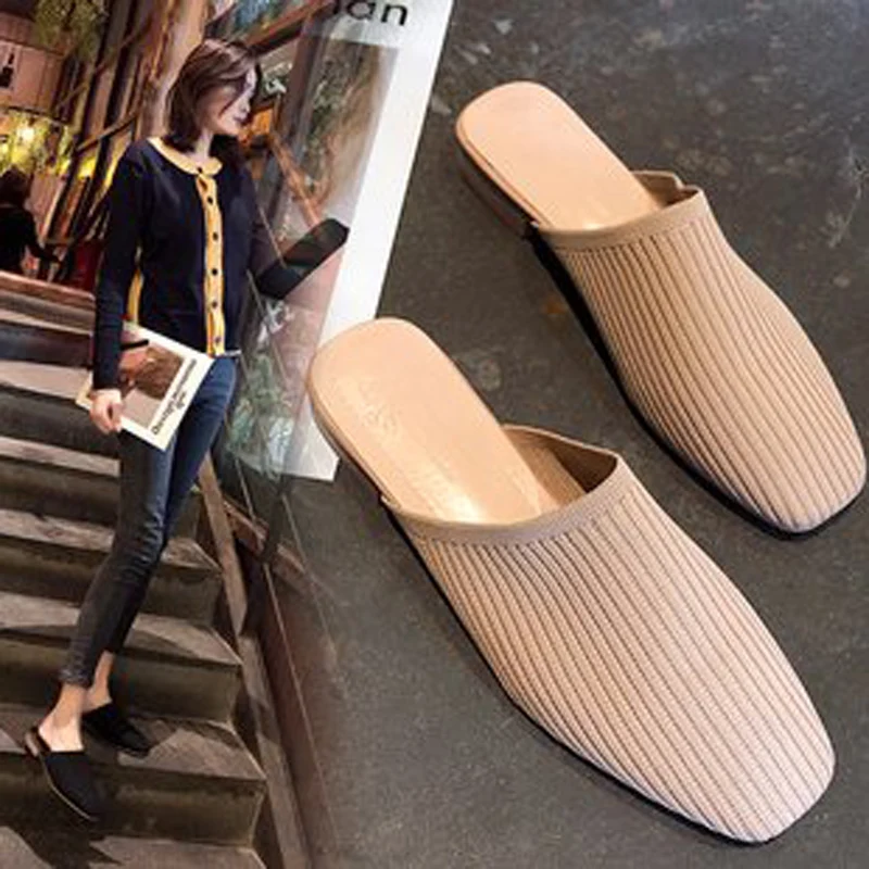 

2019 Fashion Women Summer Slippers Solid Stretch Fabric Flip Flops Square Toe Slip On Low Heels Ladies Casual Flat Shoes XWT1703