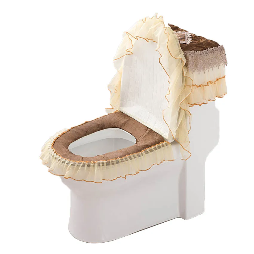 Toilet mat three piece gold velvet lace series toilet coverlace front