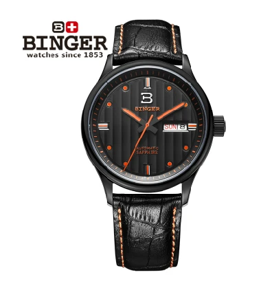 2016 New Binger Fashion Casual Cow Leather Watches Waterproof Wristwatches Hours for Man Sapphire Orange Quartz