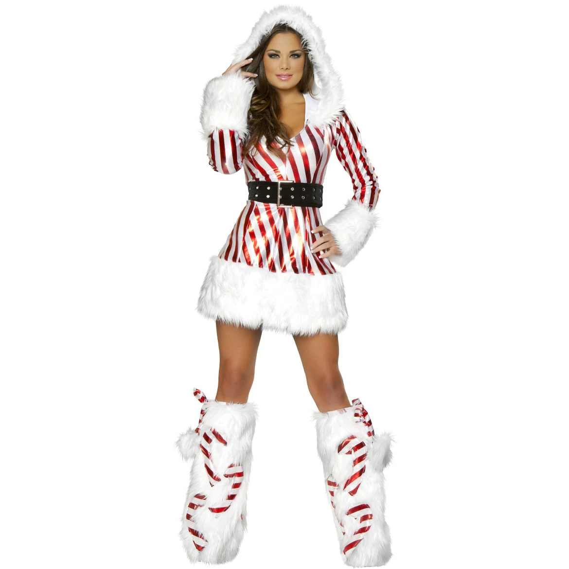 Christmas Party Cosplay Uniforms Women Red and White Stripes Costume