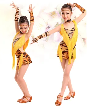 

2015 New free shipping Arrival Girls Zebra S-XXL kids sequins latin Dress Cha-Cha /Ballroom Dance Dress Latin Girls tassel dress