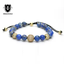 Chapado en oro trenzado de diy micro pave cz pulseras del encanto ajustable hombres azul cuentas de piedra de jaspe pulsera pulseira masculina g-4