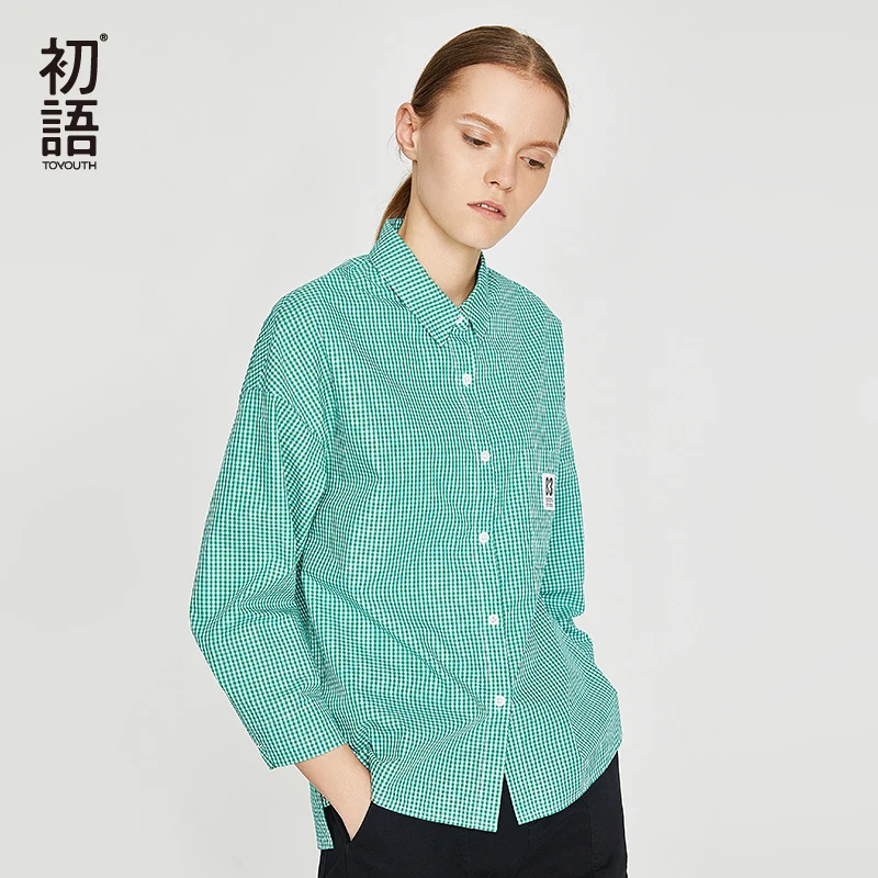  Toyouth Turn Collar Plaid Blouse Casual Loose Women Blouses Plus Size Long Sleeve Cotton Shirt Blus