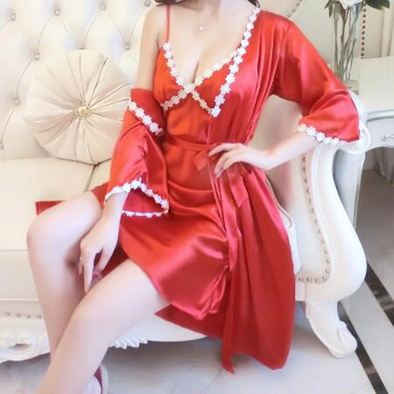 

Women Summer Sense Silk Pajamas Nightdress Two-piece Lace Silk Thin Section Spring And Autumn Home Nightdress