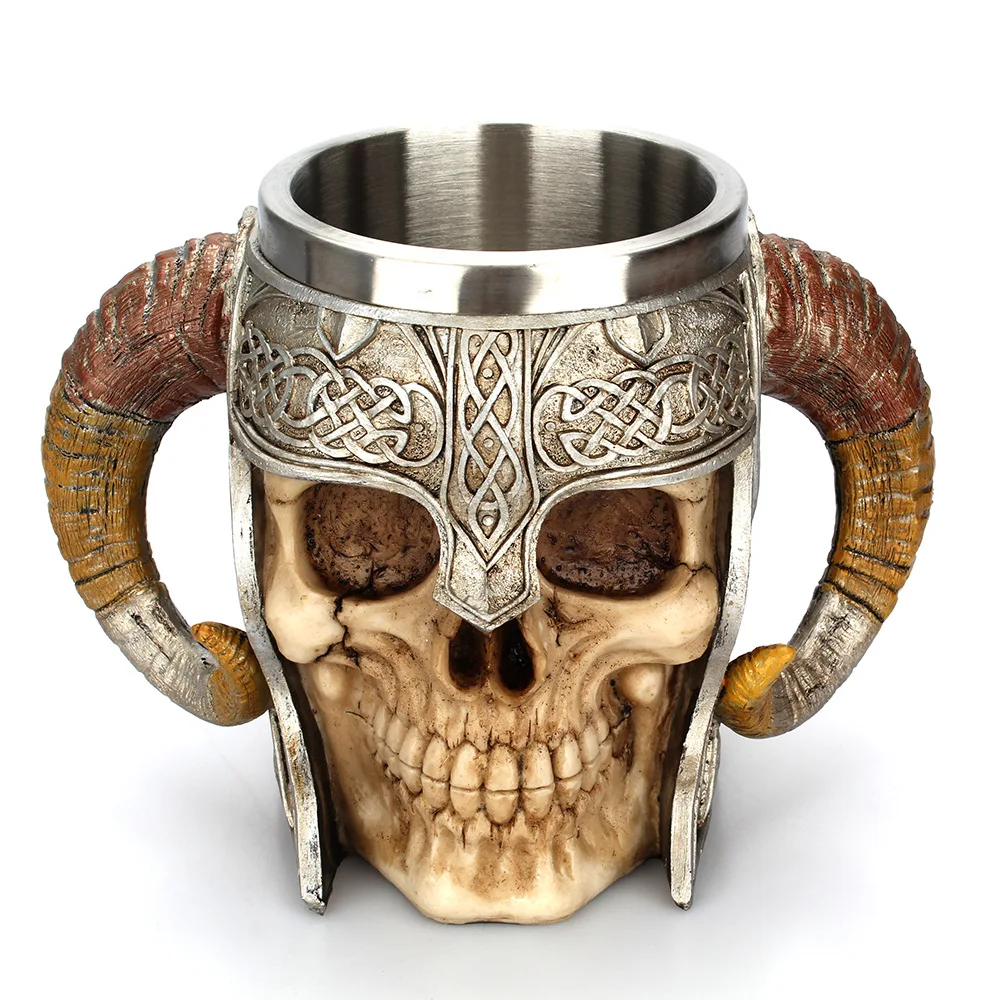 

RASABOX - Stainless Steel Handle Horn Skull Beer Cup, Viking Warrior Skull Mug Tankard, Medieval Skull Drinkware Mug for Coffee