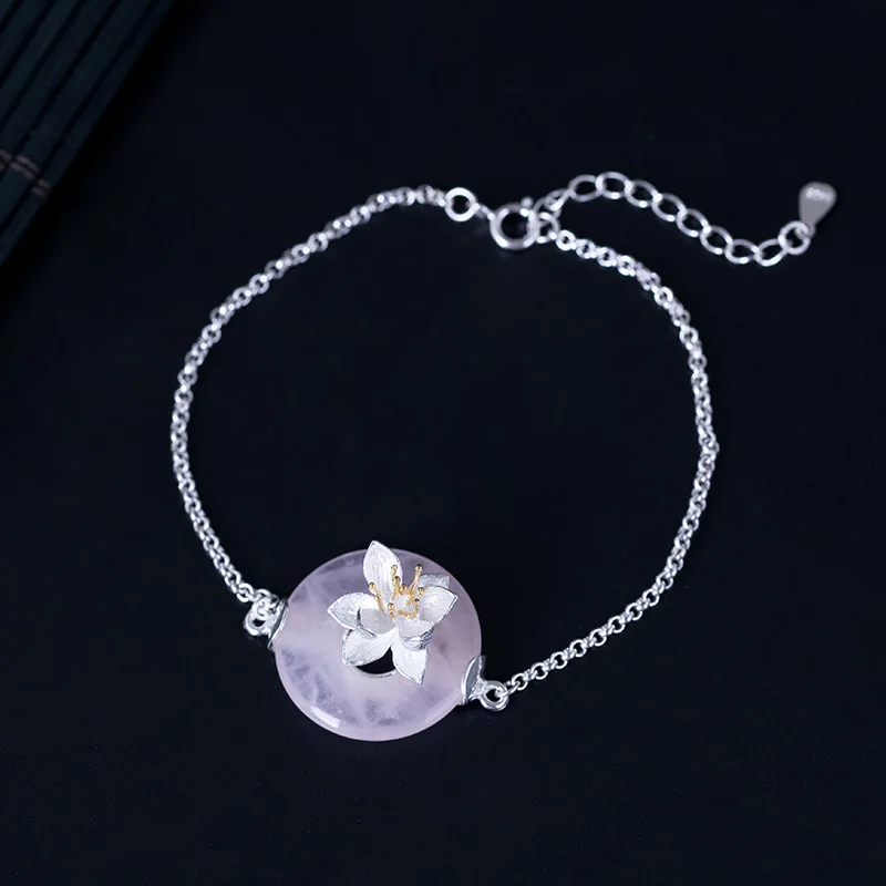 Форзац 925 пробы Серебряный Натуральный камень цветок лотоса брелок браслеты для женщин Китай Винтажный стиль женские вечерние ювелирные изделия