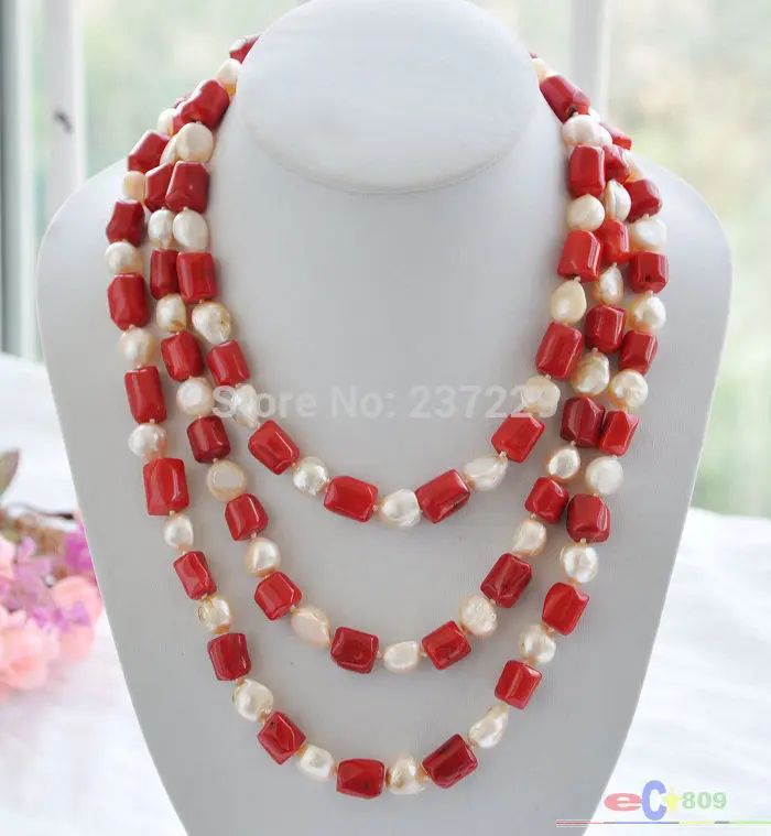 

HOT## Wholesale XSZ2014 ^65" red cylinder coral pink baroque pearl necklace