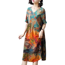 Реальные шелковые платья свободные Для женщин принт платья новые летние Узор Половина рукава плюс Размеры платье Леди Пляж Повседневный костюм YF002