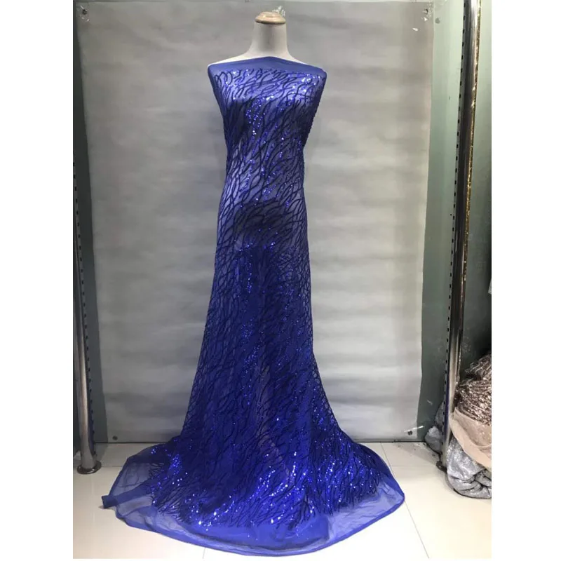 Sequined Party Dress Fabrics African Royal Blue Sequins Mesh Tulle Lace Fabric For Wedding 2018 Fashion Net Material | Дом и сад