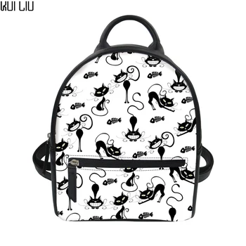 

Customized Cute Cartoon Stroke Cows/Cat Print Students Small Backpack Daypack PU Leather String Shoulder Rucksack Female Bolsa